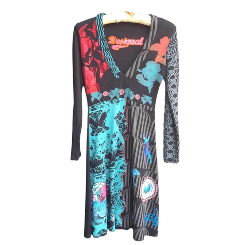 Desigual Long Sleeve Black Geo/Floral Print Dress V Neck w/embellishments